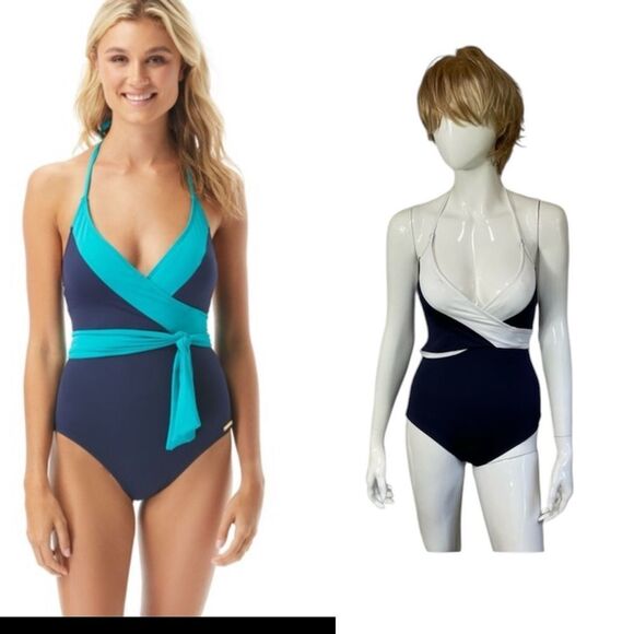 NEW Vince Camuto Navy Blue White Colorblock Wrap Tie One Piece Swimsuit Size 6